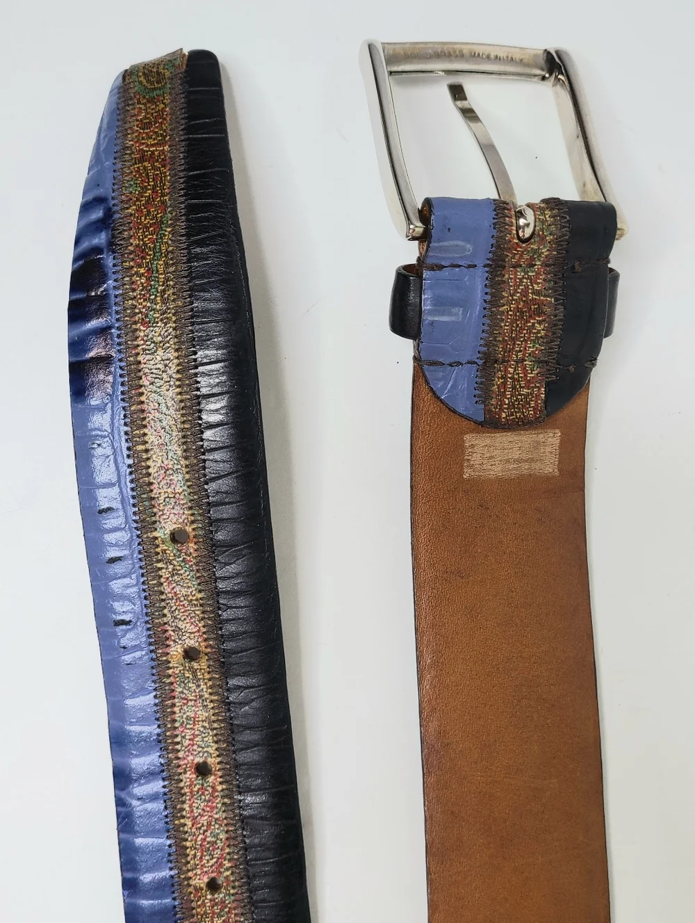 Etro Milano Made In Italy Paisley Striped Color Block Genuine Leather Belt